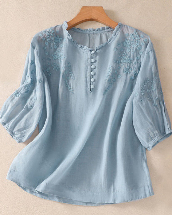 Embroidery 3/4 Sleeve Solid Color Blouse