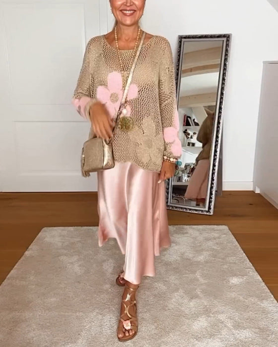 Casual floral round neck long sleeve hollow pullover