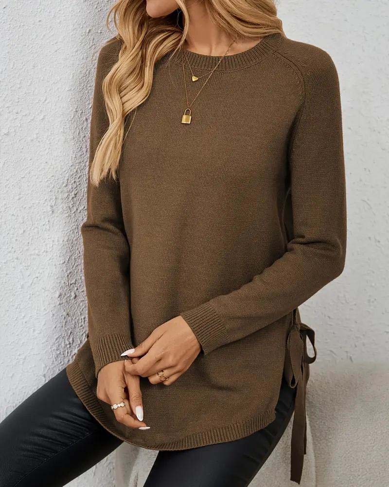Round Neck Slit Solid Color Pullover