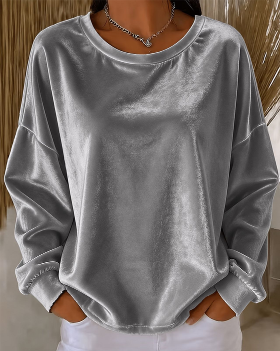 Crew Neck Drop Shoulder Relaxed Long Sleeve Blouse