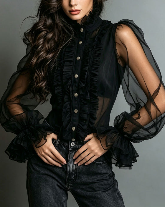 Button Ruffle Trendy Blouse