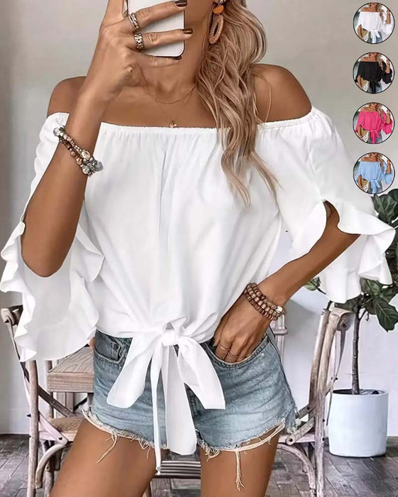 Bandage Off-Shoulder Ruffled Sleeve Blouse