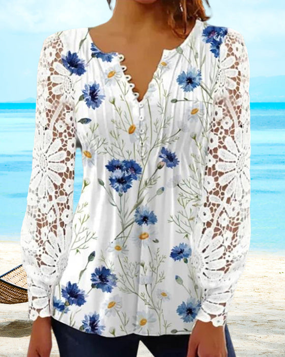 Floral pattern v-neck lace top