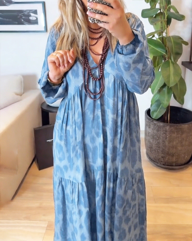 V-Neck Leopard Print Fashion Maxi Dress