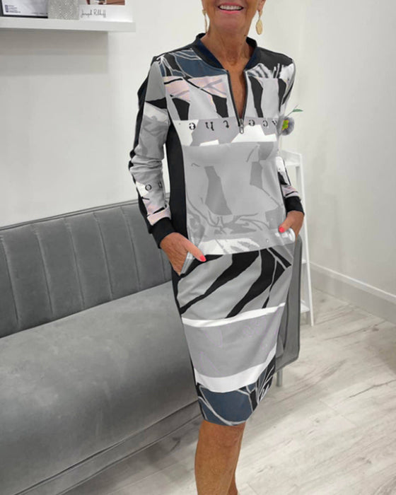 Zippered long sleeve pocket color block dress