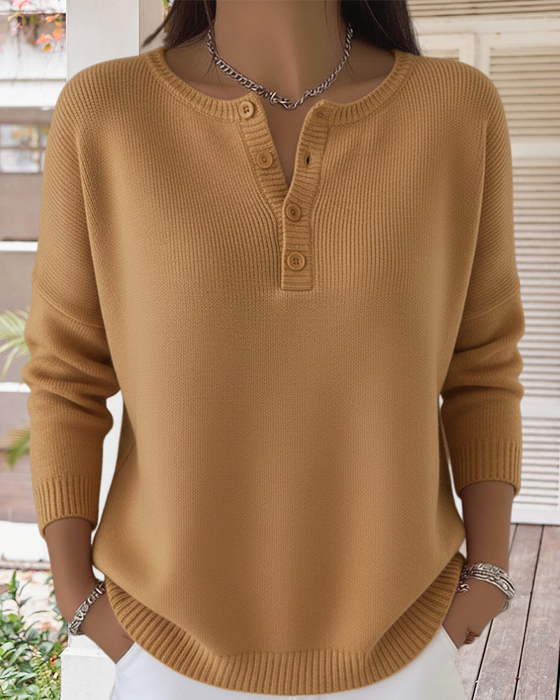 Long-Sleeved Button-Down Solid Color Sweater