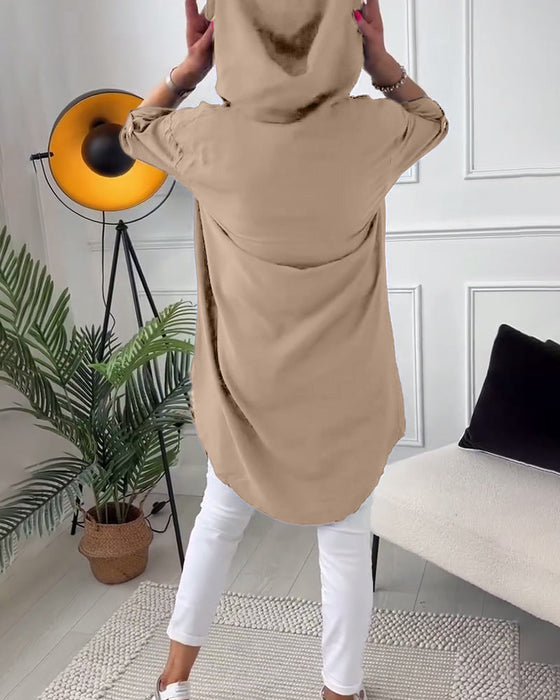 Hooded button-down coat with printed letters