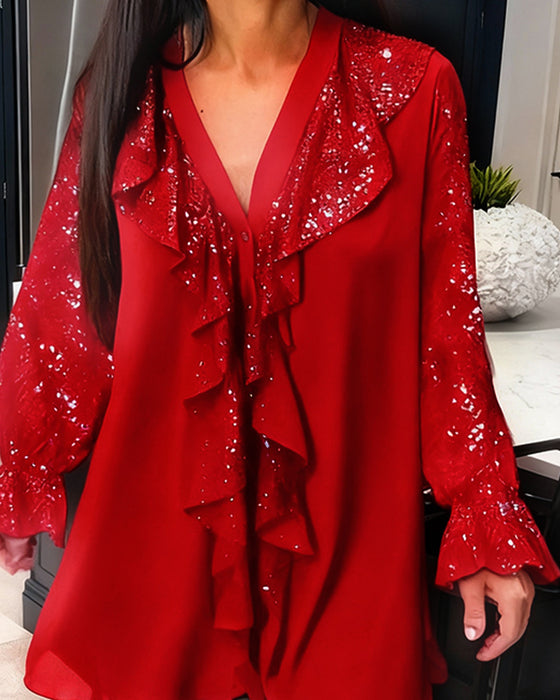 Solid Color Ruffled Loose Blouses