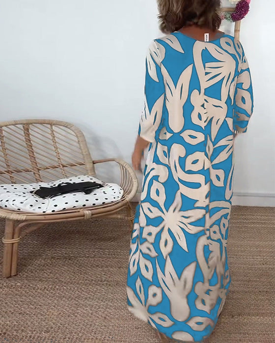 Round Neck Long Sleeve Printed Dress