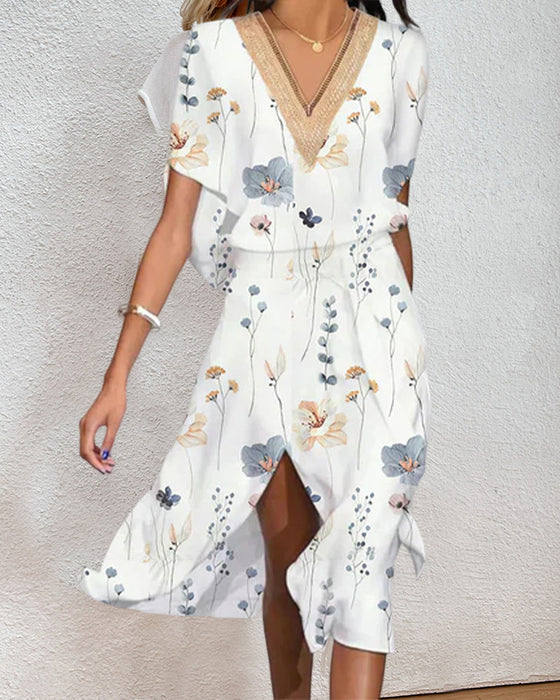 V-neck slit print dress