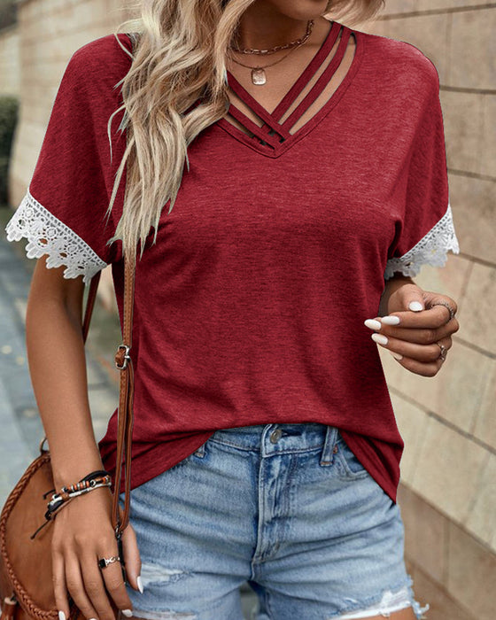 Lace cuff paneled solid color blouse