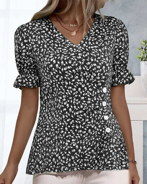 V-neck floral short-sleeved blouse