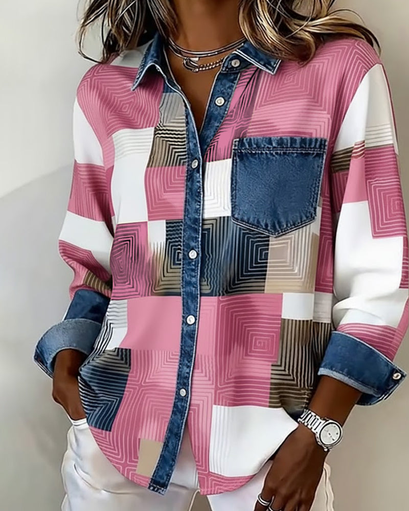 Color Block Fashionable Lapel Shirt