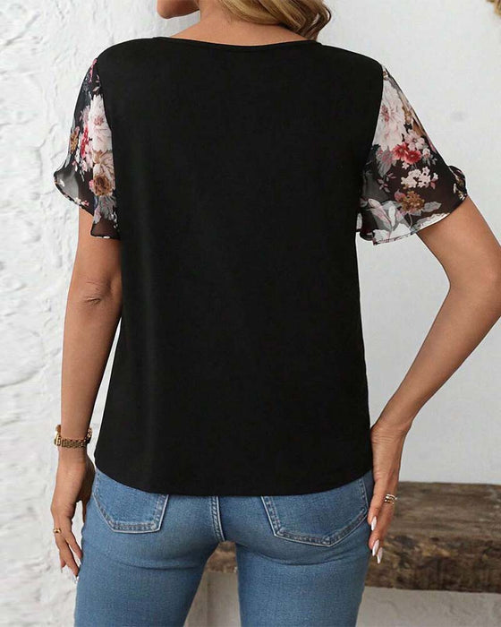 Short-Sleeved Lace-Up Printed Blouse