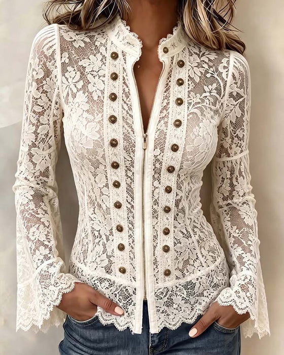 Stand Collar Casual Long Sleeve Blouse
