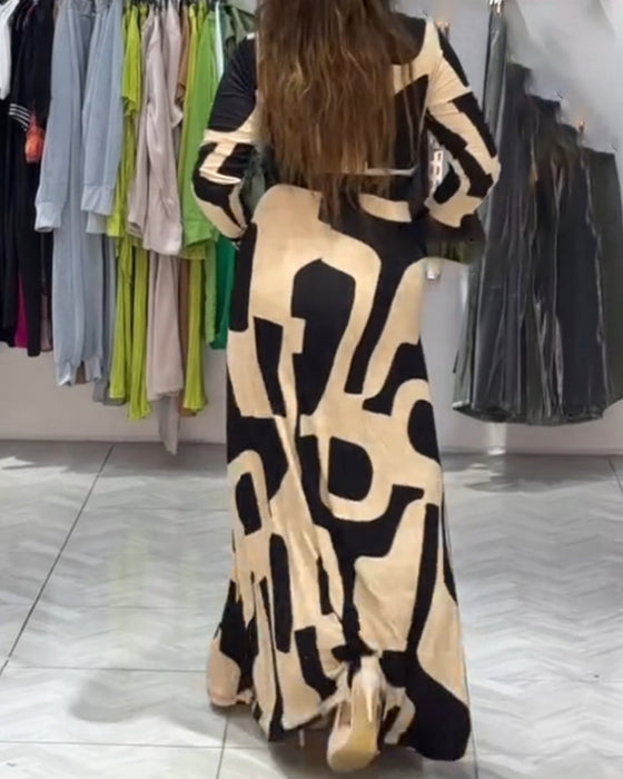 Elegant printed V-neck long-sleeve dress