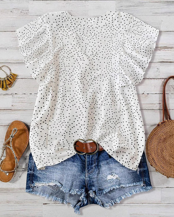 Ruffle Sleeve V-Neck Polka Dot Blouse