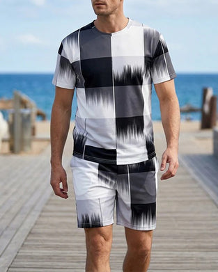 Black and White Gradient Plaid Short Sleeve Set