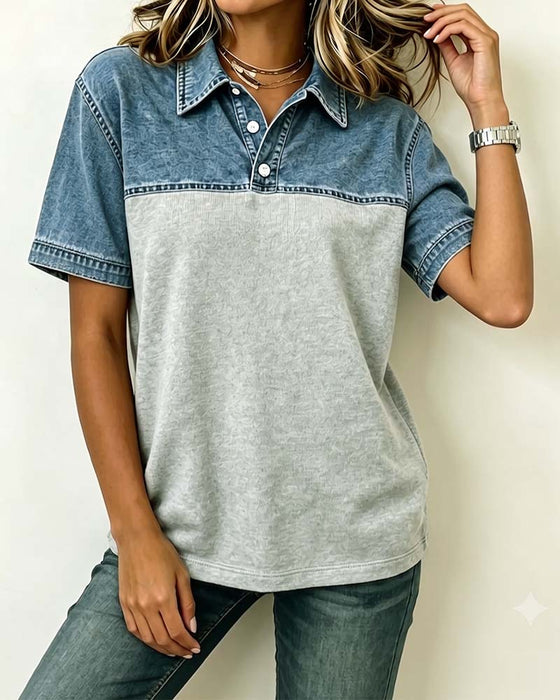 Short Sleeve Shirt Collar Denim Patchwork Blouse