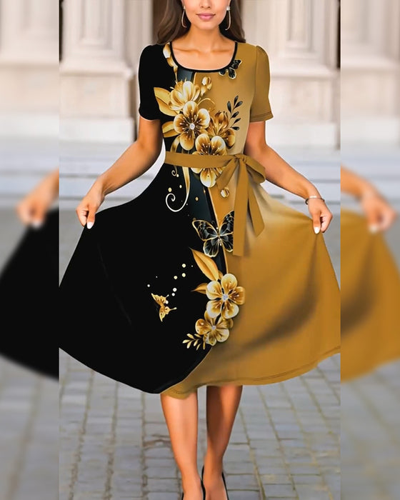 Color Block Floral Print Dress