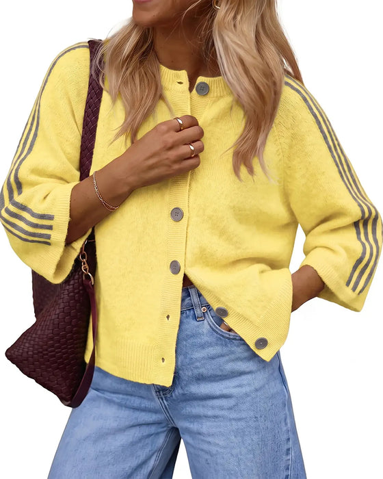 Striped 3/4 Sleeve Button Cardigan