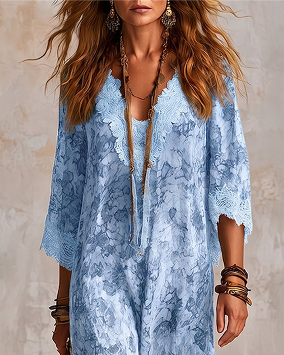 V-Neck Lace Patchwork Asymmetric Dress