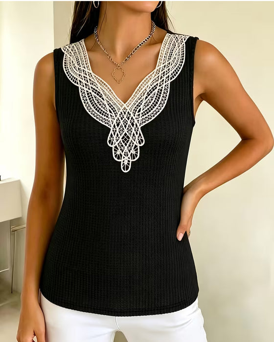 Lace V-Neck Ribbed Tank Top