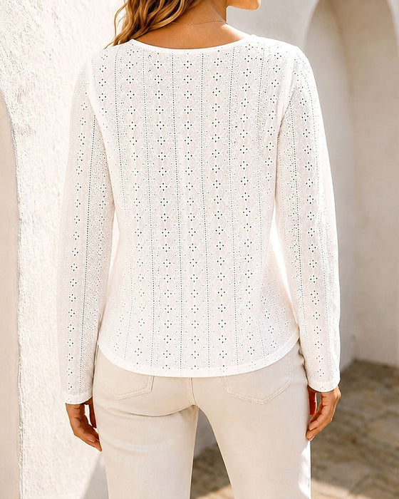 Crew Neck Cutout Long Sleeve Solid Color Blouse