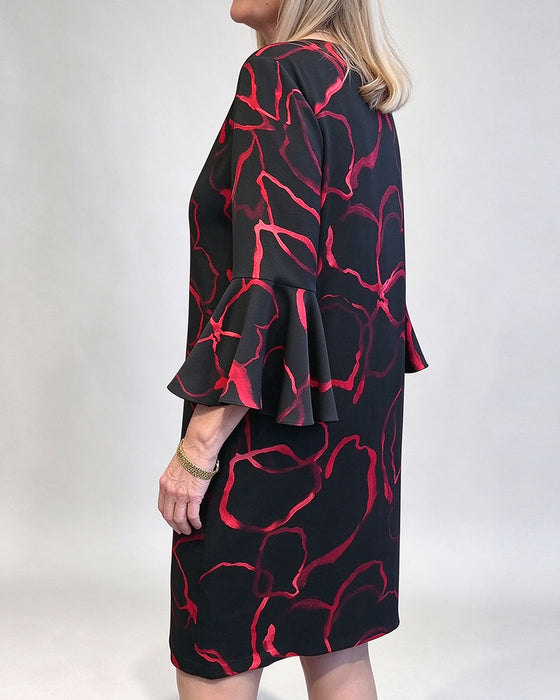Contrast Color Round Neck And Bell Sleeves Dress