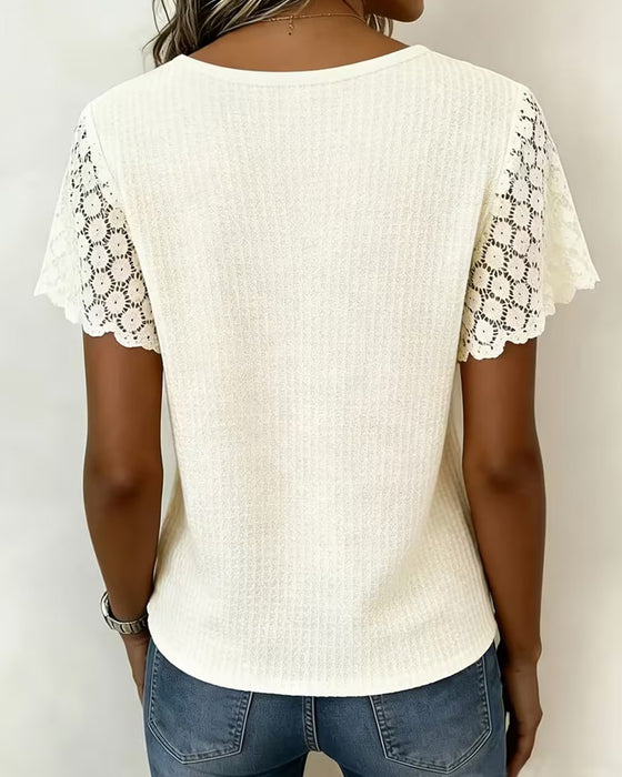 V-Neck Waffle Lace Patchwork Solid T-Shirt