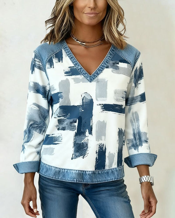 Long-Sleeved Ink Painting Patchwork Sweatshirt