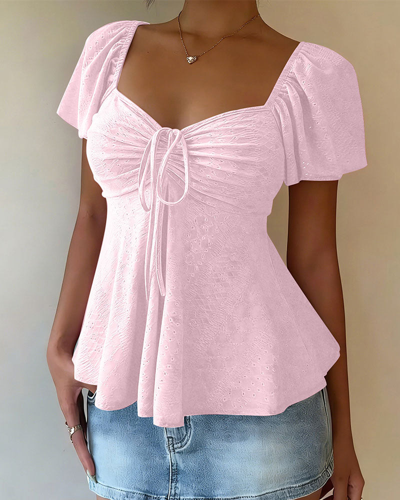 Hollow-Out Drawstring Short Sleeve Solid Color Blouse