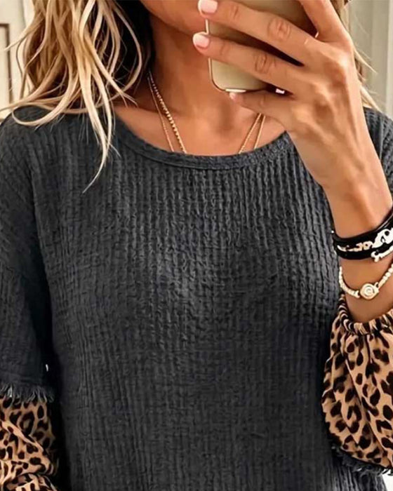 Round Neck Leopard Print Patchwork Tassel Top