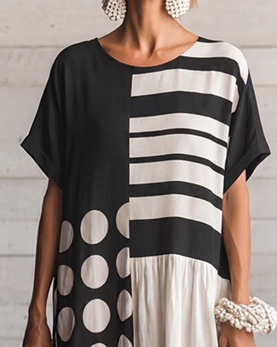 Crew Neck Short Sleeve Polka Dot Patchwork Dress