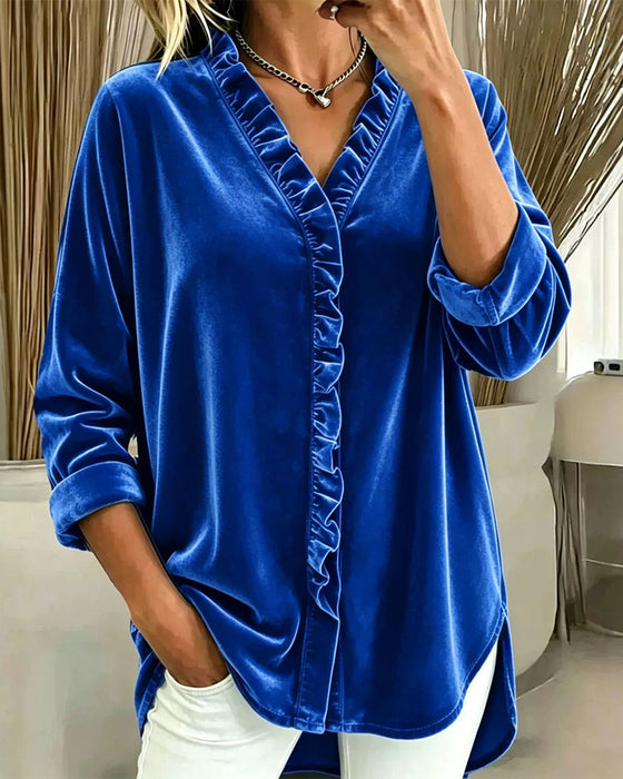 Solid Color Ruffled Slit Top