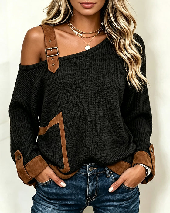 Off-Shoulder Asymmetric Neck Spliced Blouse