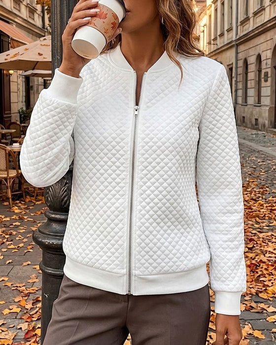 Diamond Quilted Stand Collar Zipper Coat