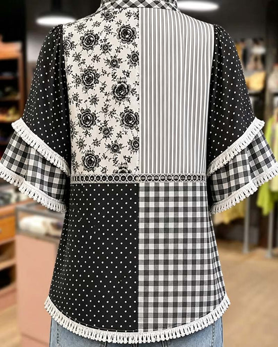 Mandarin Collar Polka Dot Plaid Blouse