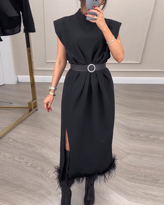 Sleeveless feather side slit dress