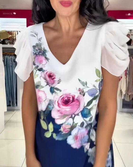 Puff Sleeve V-Neck Rose Floral Dress
