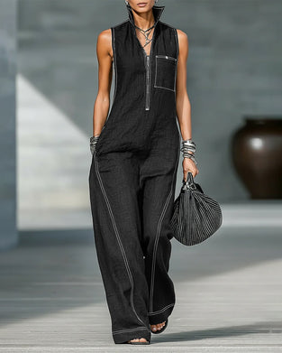 Mandarin Collar Sleeveless Black and White Wide-Leg Jumpsuits