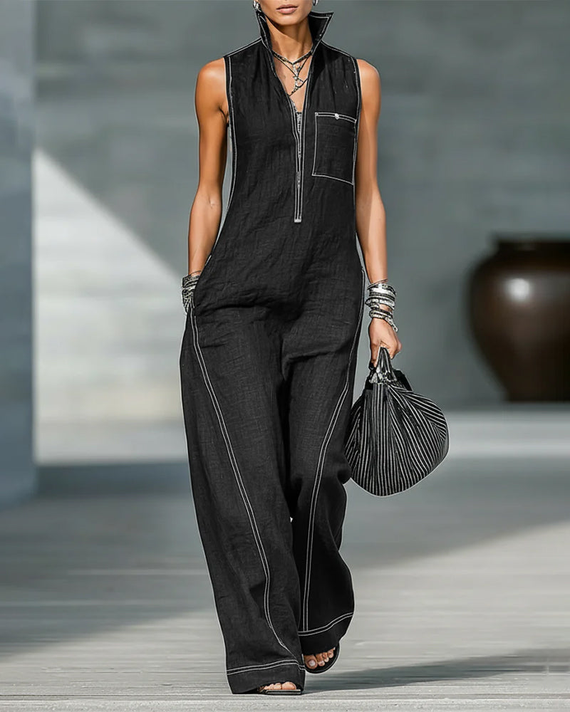 Mandarin Collar Sleeveless Black and White Wide-Leg Jumpsuits