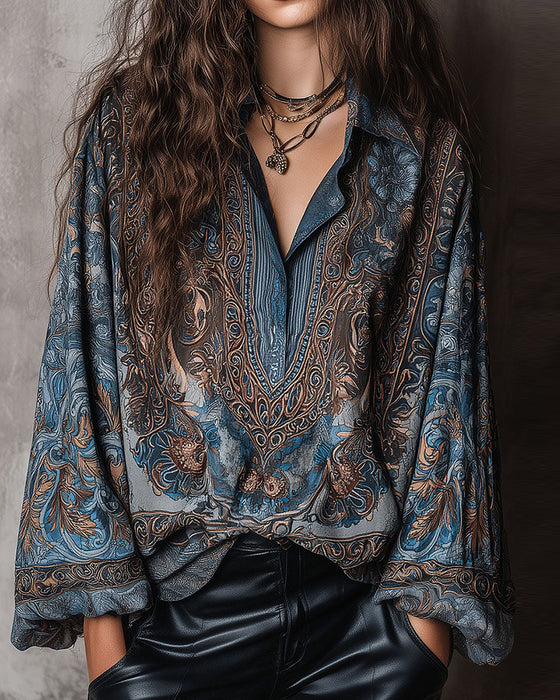 Retro Print V-Neck Lapel Sophisticated Blouse
