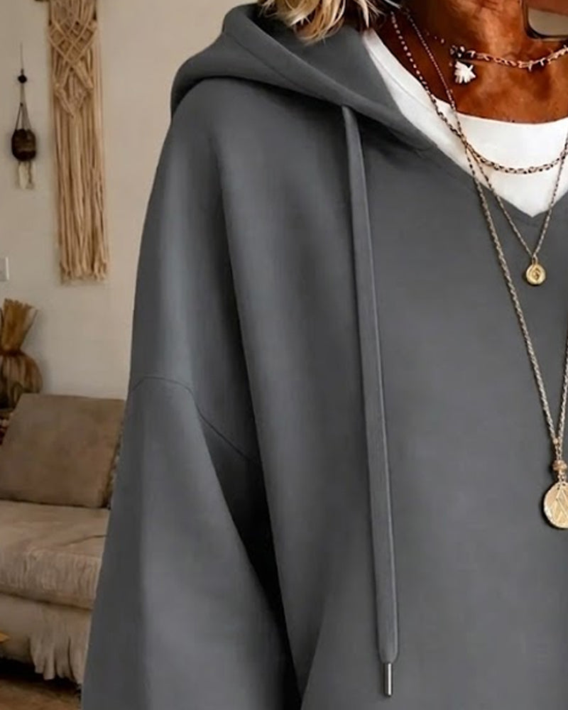 Three-Quarter Sleeve Drawstring Hooded Sweatshirt