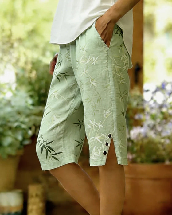 Bamboo Leaf Slit Button Cropped Pants