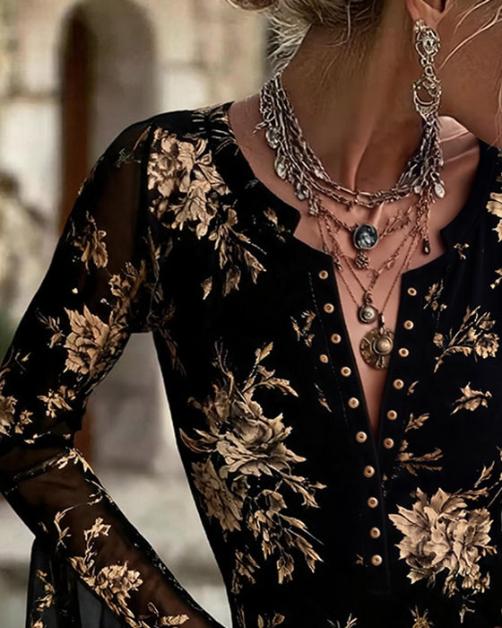 V-Neck Button Front Floral Bell Sleeve Blouse