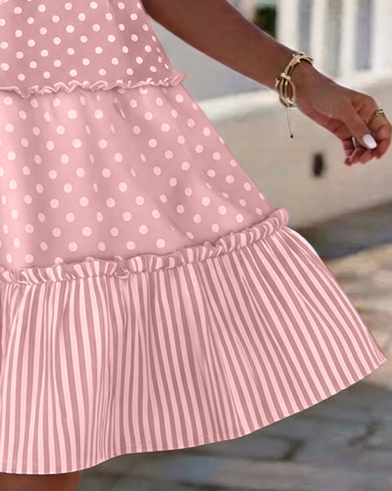 Polka Dot Stripe Tiered Spaghetti Dress