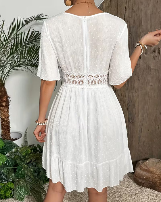 V-Neck Lace Trim Waist A-Line Dress