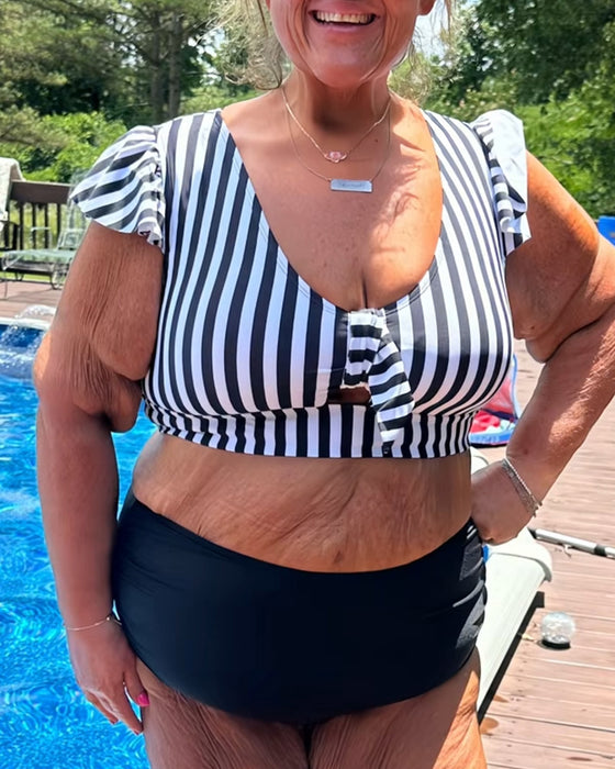 Striped Flutter Sleeve U-Neck Bikini