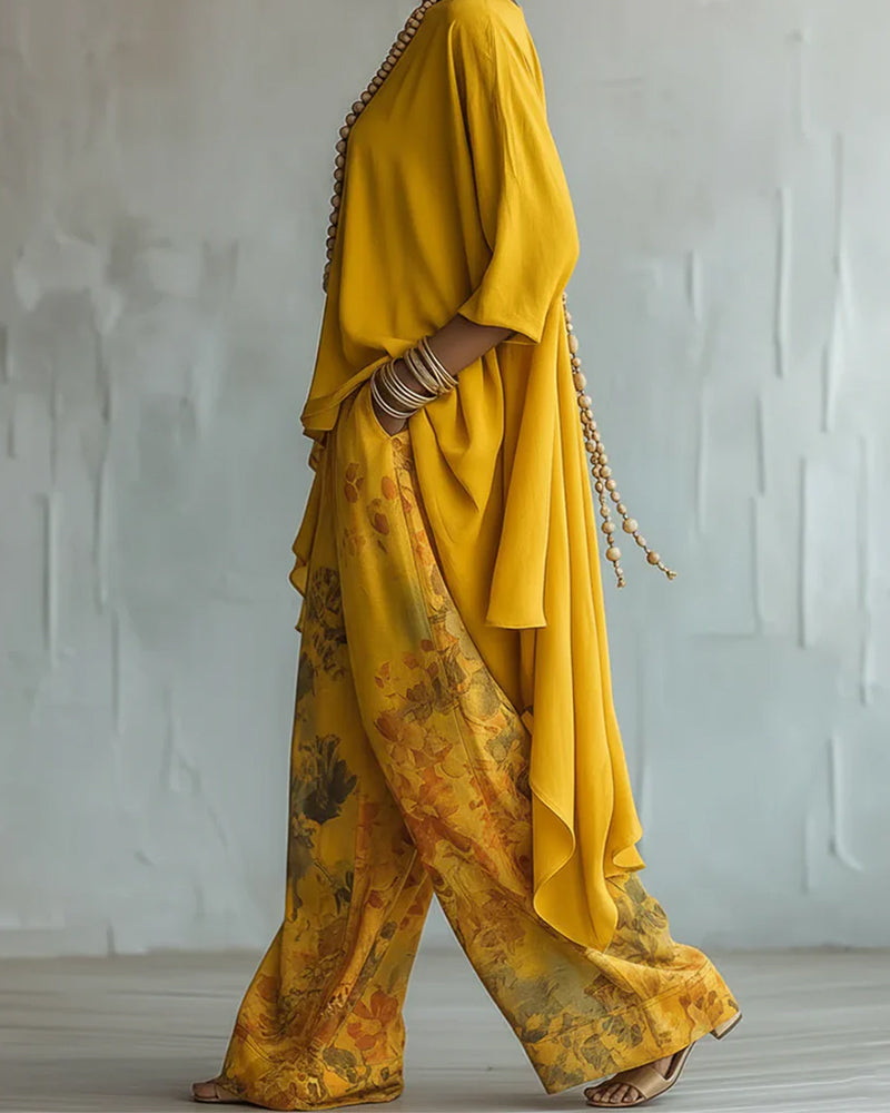 Asymmetrical Hem Top Wide Leg Pant Set